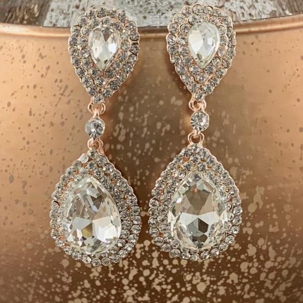 Crystal Double Teardrop Earrings, Rose Gold | Fashion Jewellery Outlet | Fashion Jewellery Outlet