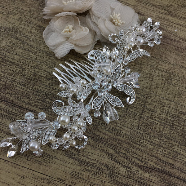 Silver Crystal and Pearl Flexible Hair Comb | Fashion Jewellery Outlet | Fashion Jewellery Outlet