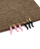 Pink and black cornicello charm pendant with gold, silver and rose gold loops