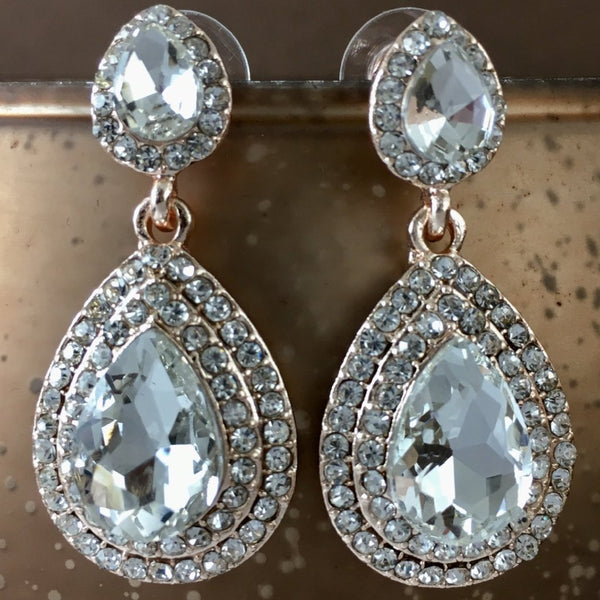 Crystal Big Teardrop Earrings, Rose Gold | Fashion Jewellery Outlet | Fashion Jewellery Outlet