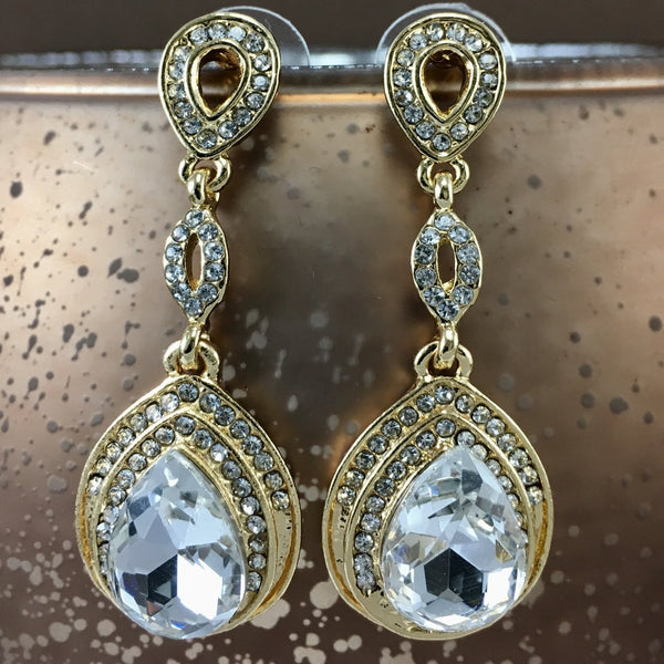 Crystal 3 Tier Top Teardrop Earrings Gold | Fashion Jewellery Outlet | Fashion Jewellery Outlet