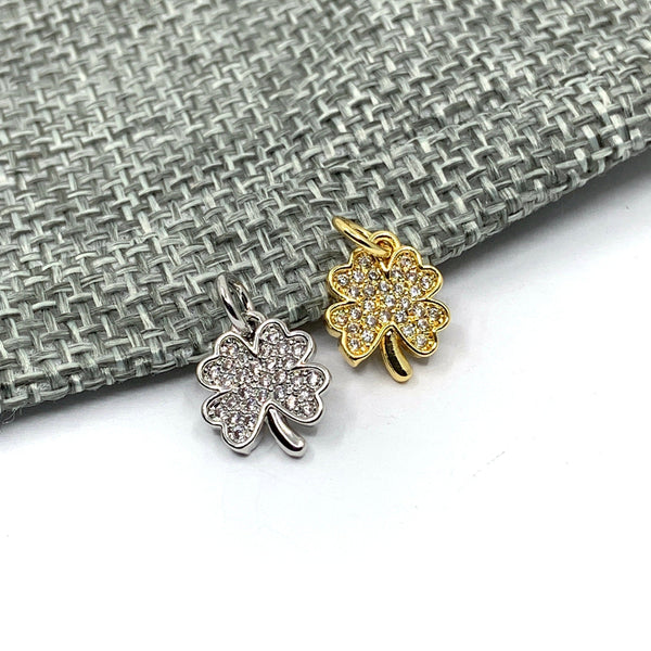 Silver and gold cz stones pave clover leaf charm