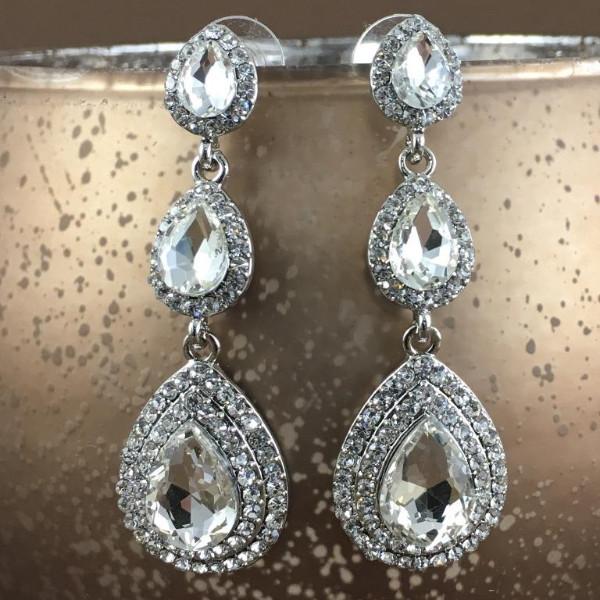 Crystal 3 Tier Teardrop Earrings, Silver | Fashion Jewellery Outlet | Fashion Jewellery Outlet