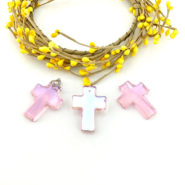 2 Glass Cross Pendant, Rosaline Pink | Fashion Jewellery Outlet | Fashion Jewellery Outlet