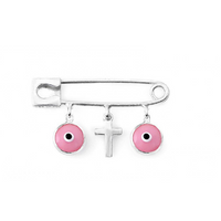 Sterling Silver Pink Evil Eye Safety Pin Cross | Fashion Jewellery Outlet | Fashion Jewellery Outlet