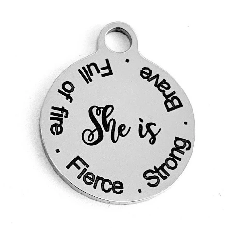 She is strong Round Engraved Charm | Fashion Jewellery Outlet | Fashion Jewellery Outlet