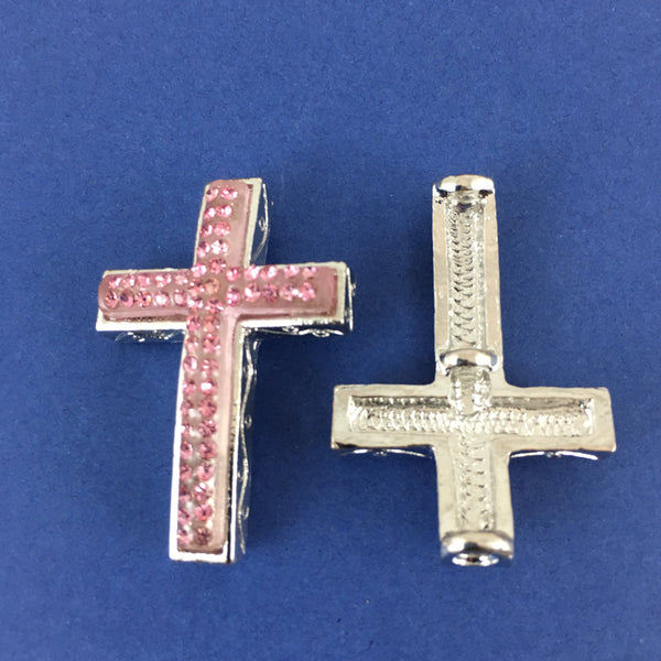 Alloy Connector, Pink Cross Two Row Stone | Fashion Jewellery Outlet | Fashion Jewellery Outlet