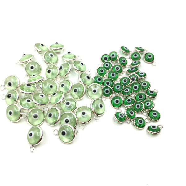 1Pcs Round Silver Plated Green Evil Eye Charm | Bellaire Wholesale | Fashion Jewellery Outlet