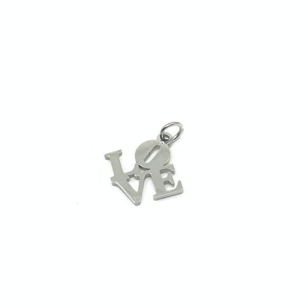 Love writing steel charm with jump ring against a white background. Lo stacked on top of ve.