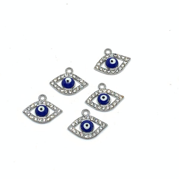 5 evil eye charms with clear rhinestones on the borders and blue evil eye in the center.