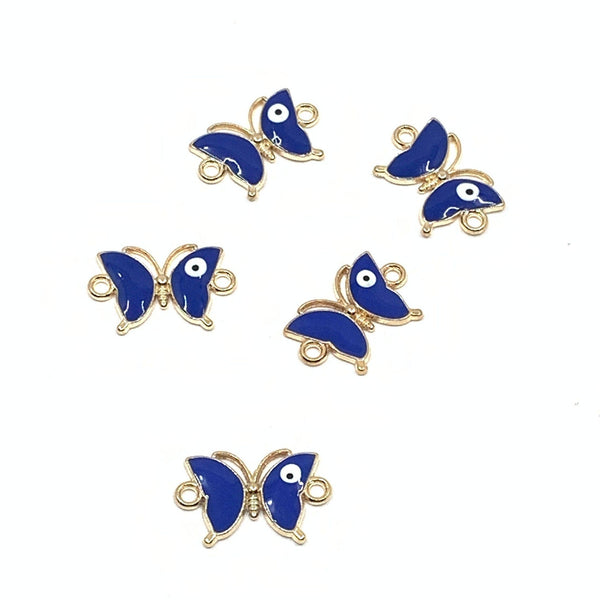 Butterfly connector charms with loops on sides. Big blue wings and gold plating on borders and back.