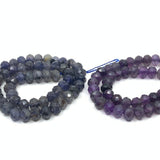 Faceted Lolite and amethyst gemstone beads from left to right